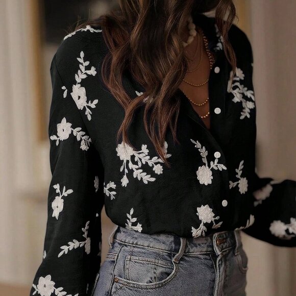 BestSelling Black Casual Women's Embroidered Floral Printed blouse - Picture 3 of 6